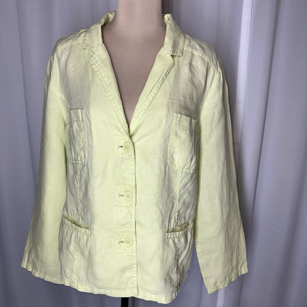 Chicos Top Size 2 (L) Green Linen Shacket Pockets Button Collar Casual Chic READ
